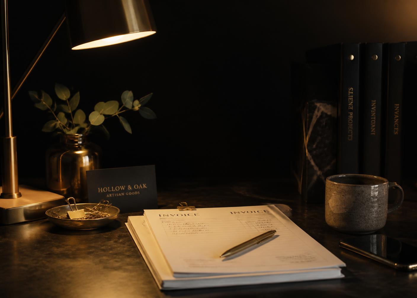 Bureau d'un dirigeant en fin de journée, documents et lampe allumée